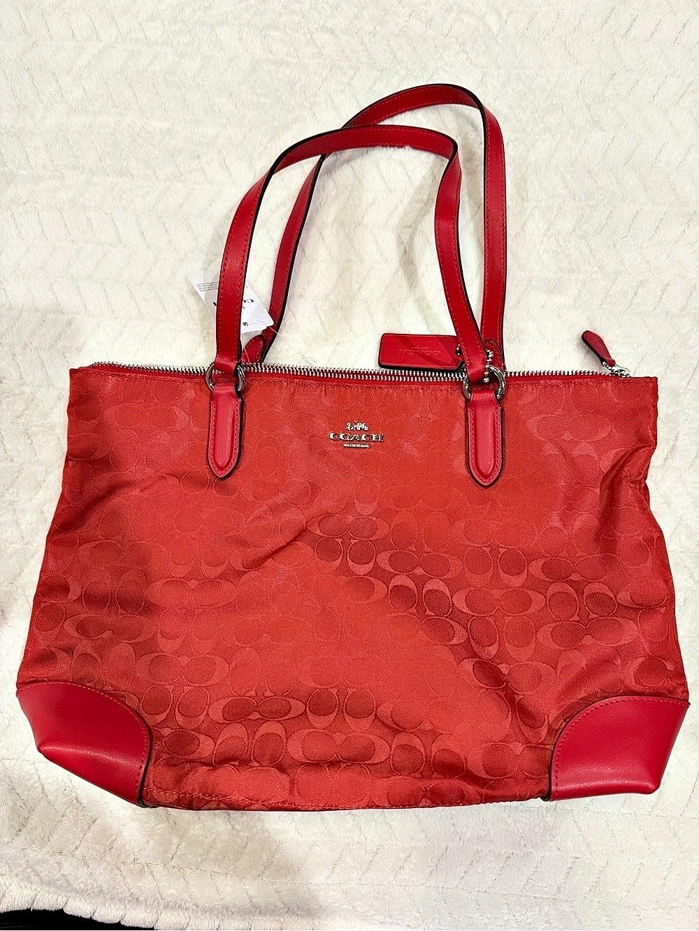 Coach Signature Nylon Zip Top Tote Bag in Red